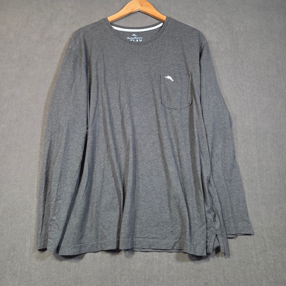 Tommy Bahama Relax Pocket Tee Mens XL Gray Long Sleeve Pima Cotton Marlin Logo